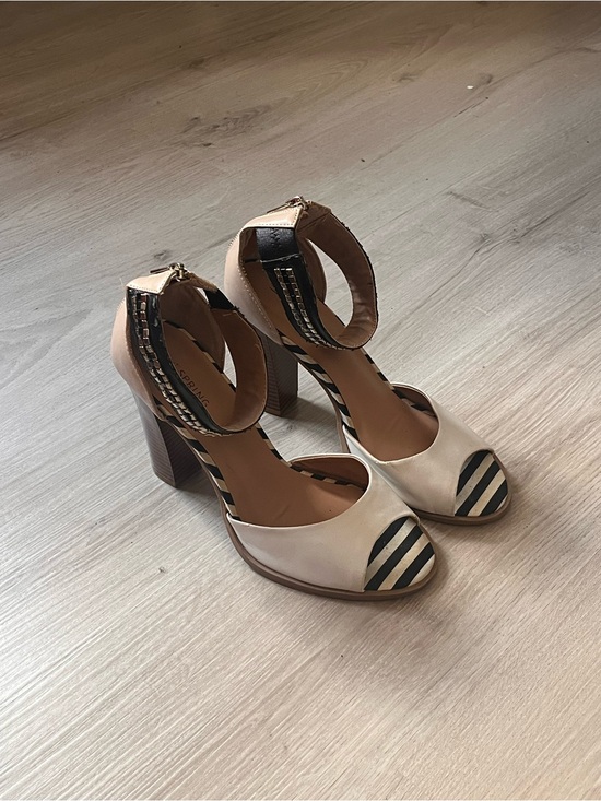 Call It Spring Shoes - Call It Spring Block Heel Silver Studded Ankle Strap - Beige with Black Stripes